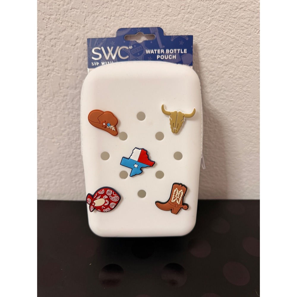 SWC Sip With Color White Silicone Water Bottle Pouch Texas Western‎ Charms NEW